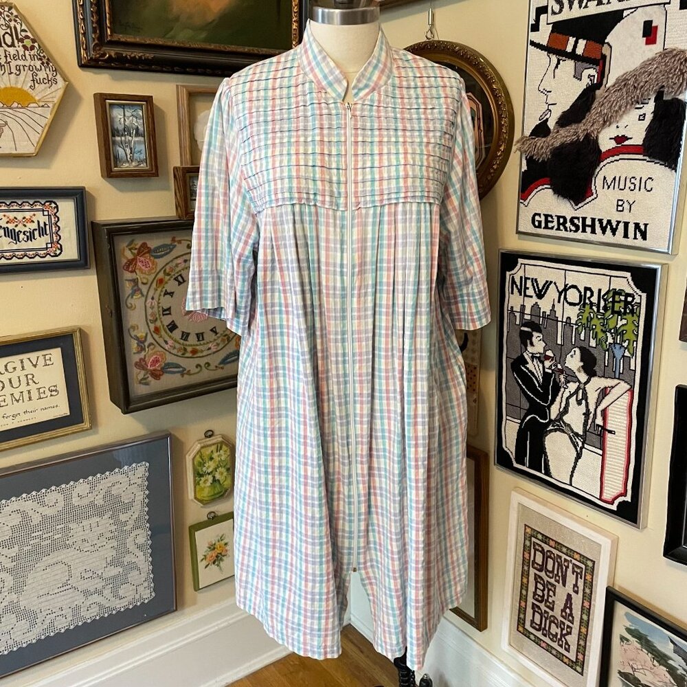 Vintage Coffee Coats By Saybury Plaid Cotton Robe Housecoat With Zipper Size 1X